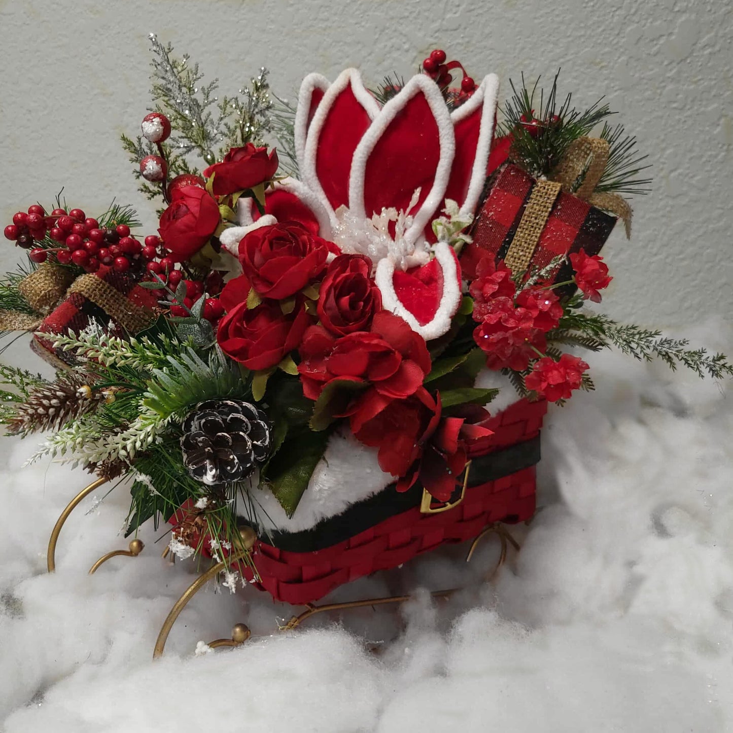 Velvet Holly Christmas Sleigh Centerpiece