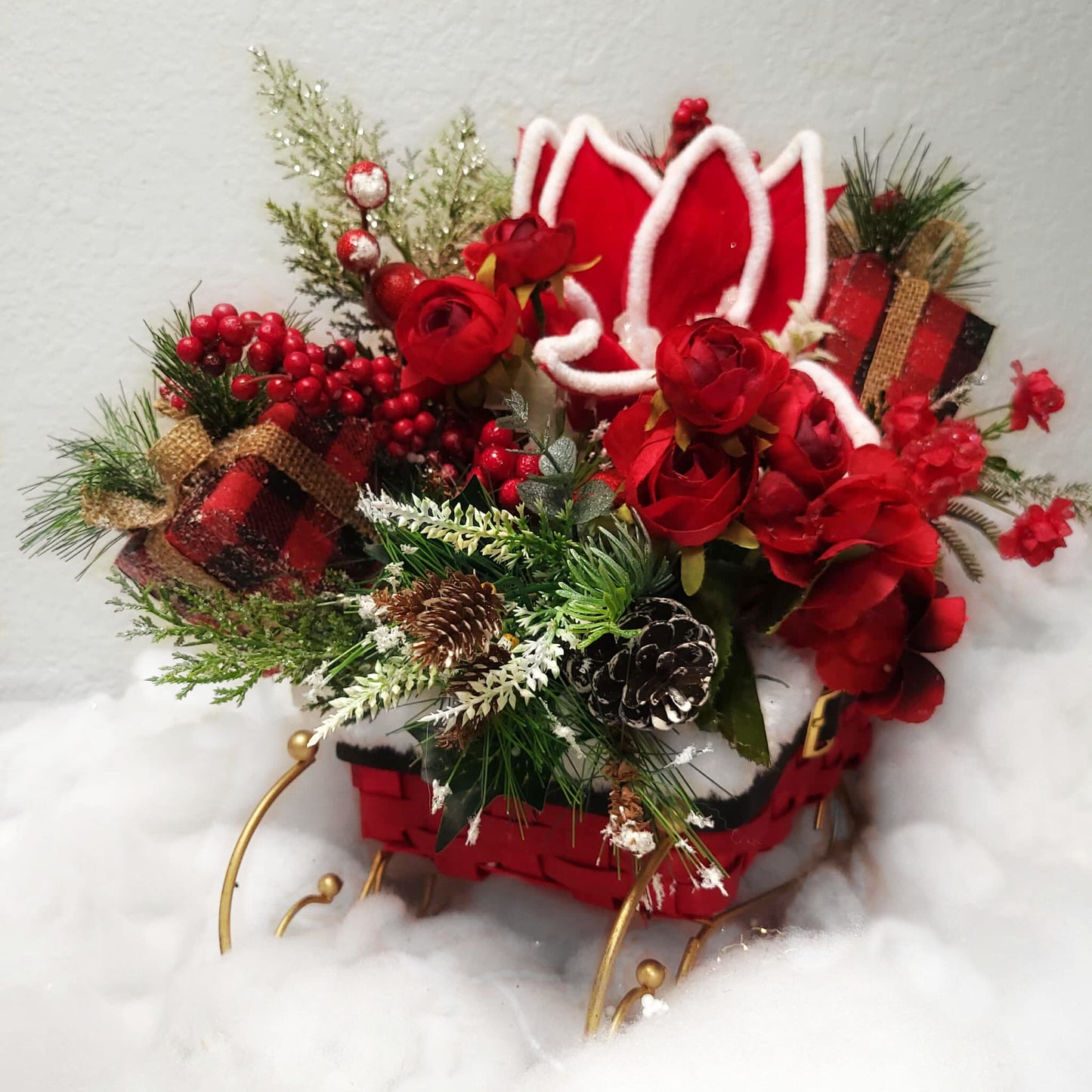 Velvet Holly Christmas Sleigh Centerpiece