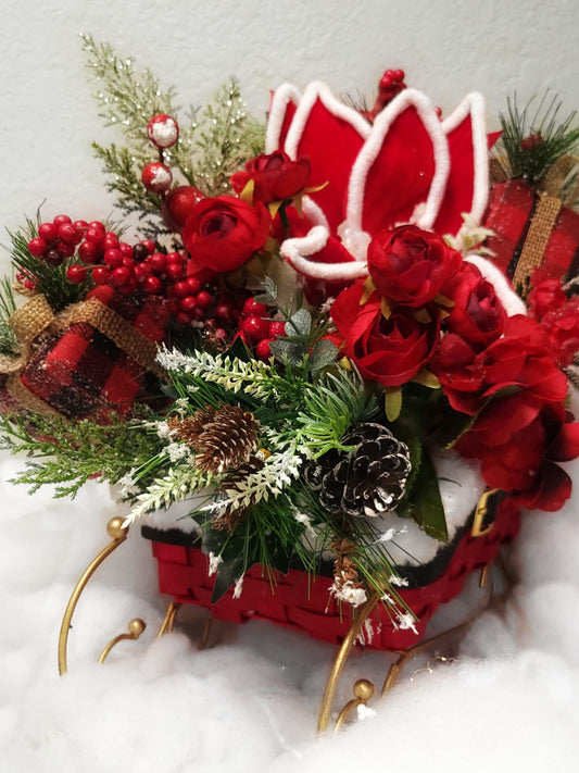 Velvet Holly Christmas Sleigh Centerpiece