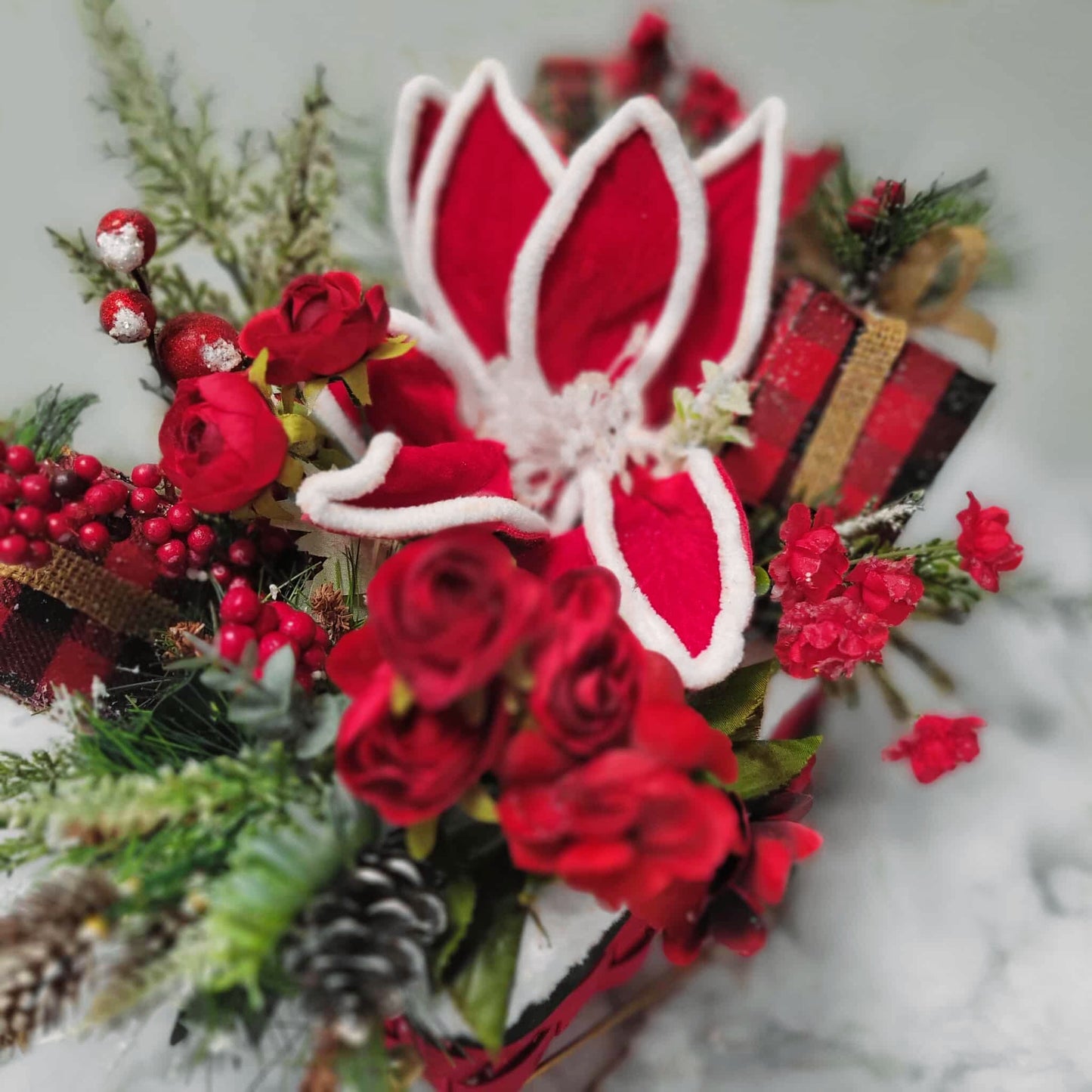 Velvet Holly Christmas Sleigh Centerpiece