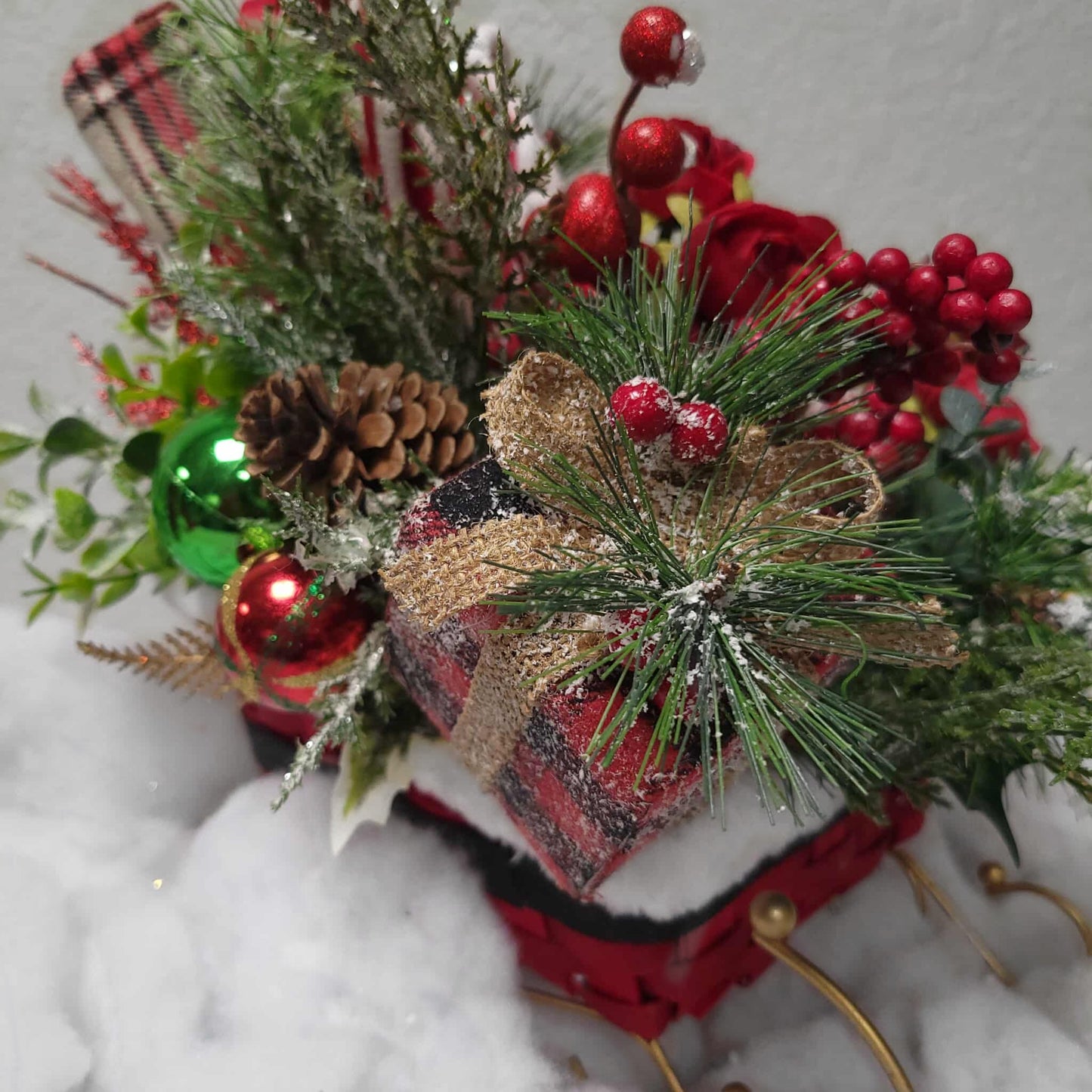 Velvet Holly Christmas Sleigh Centerpiece